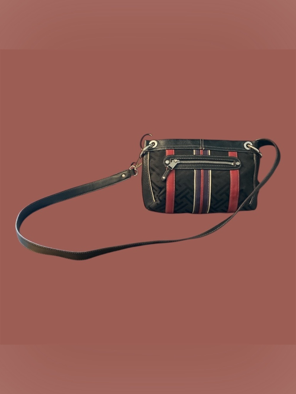 Tignanello Canvas & Leather Compact Crossbody Bag in Black/Red/Purple/Cream EUC